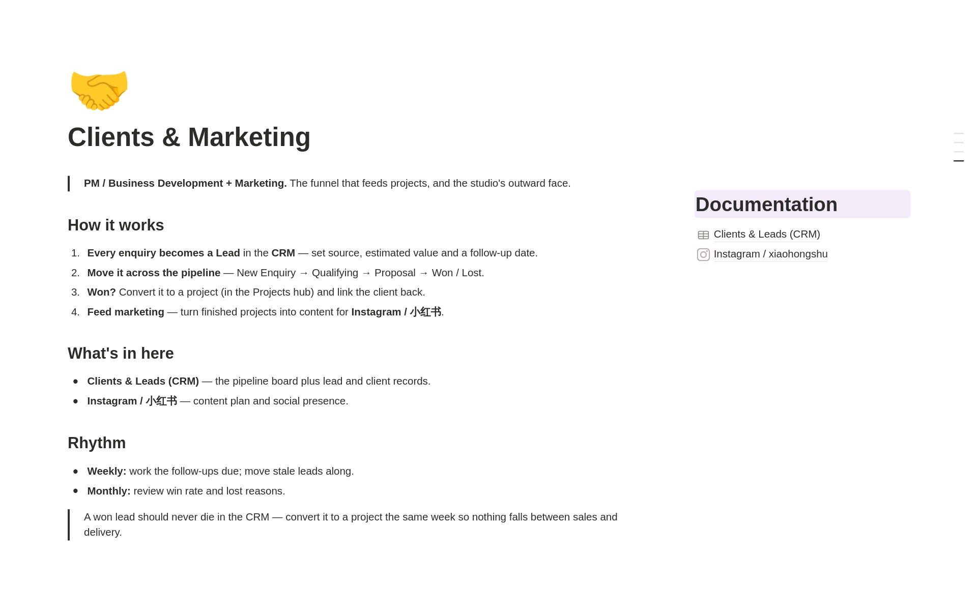 Clients and marketing workspace in Notion