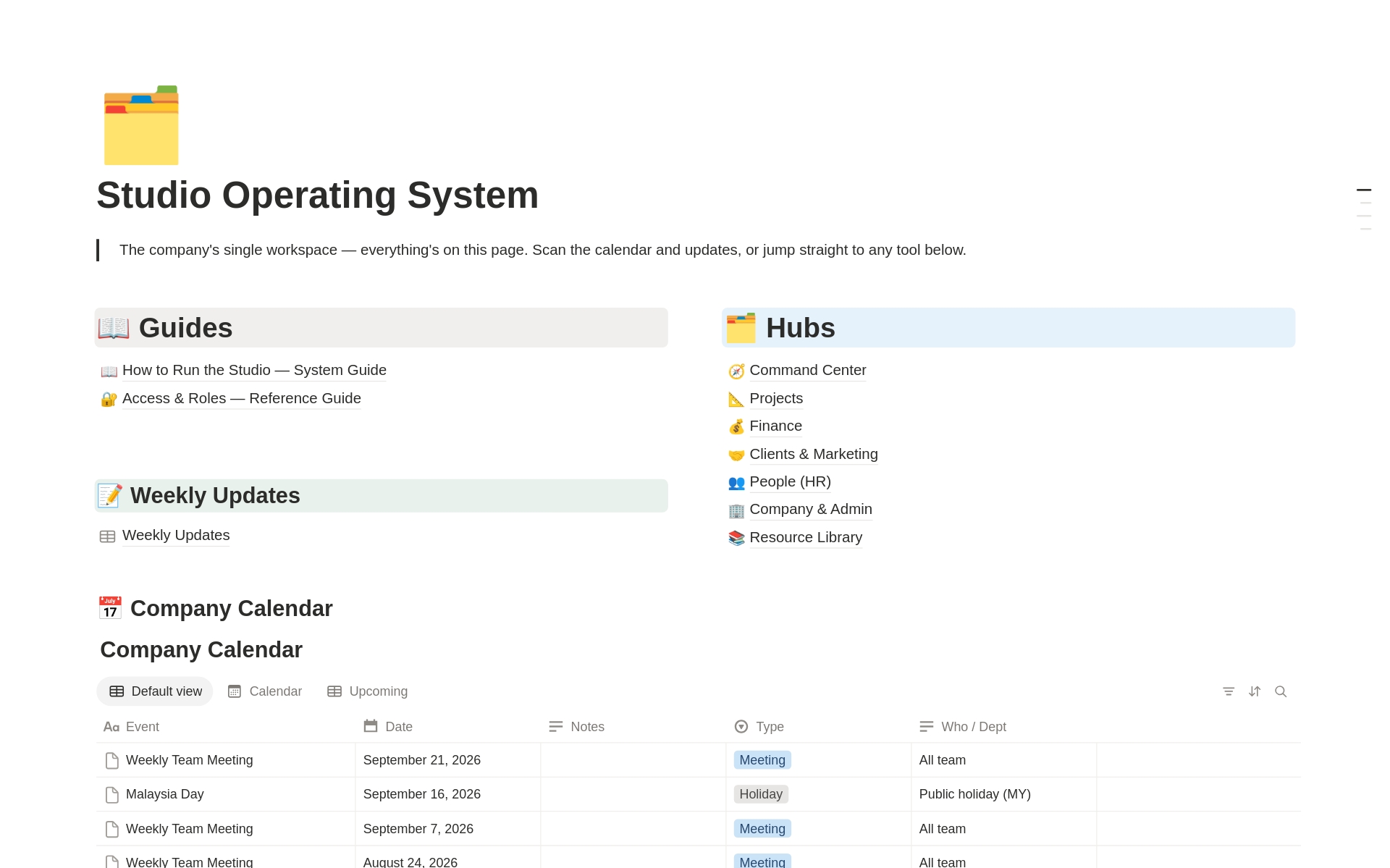 Studio Operating System dashboard in Notion