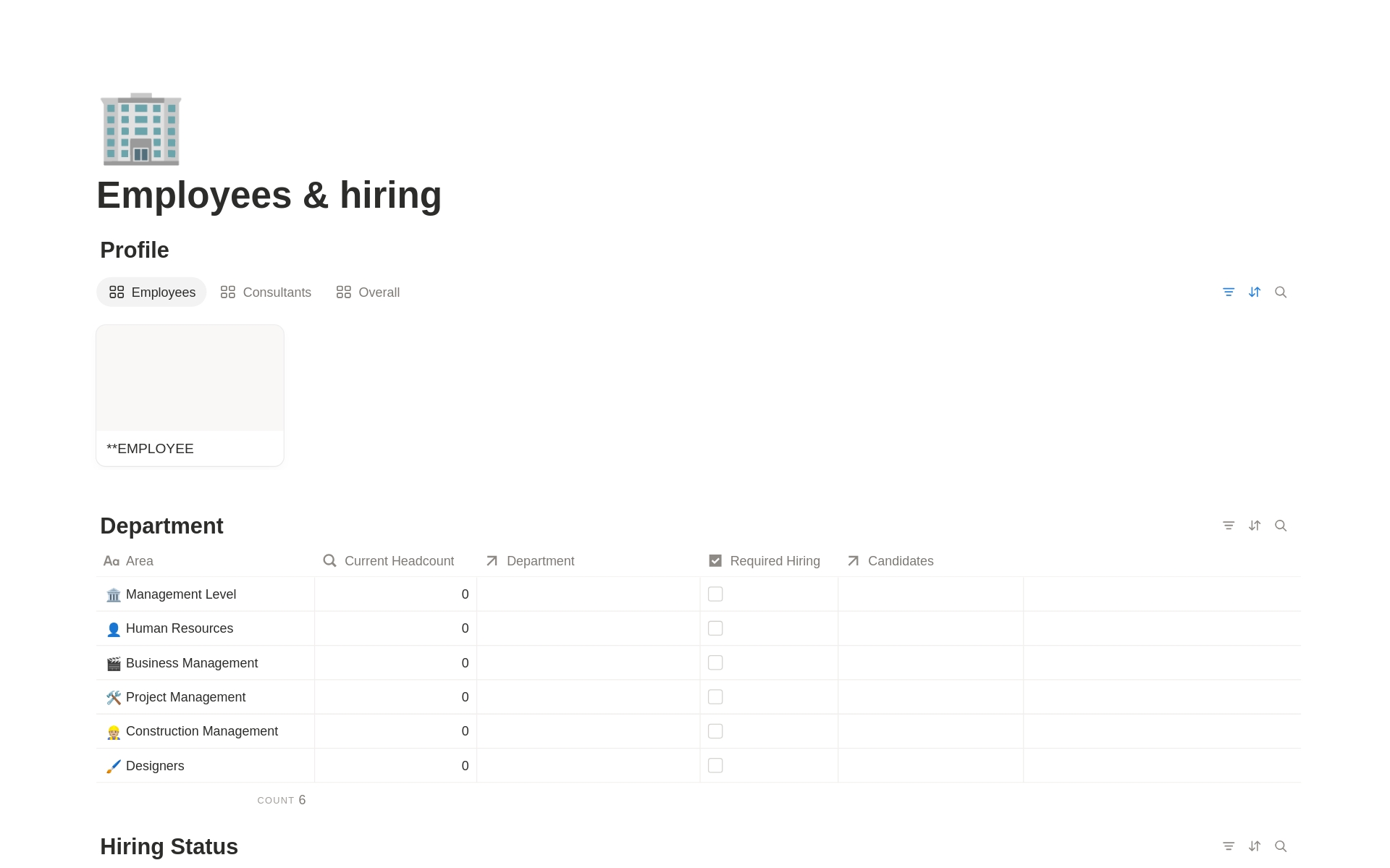 Employees and hiring workspace in Notion