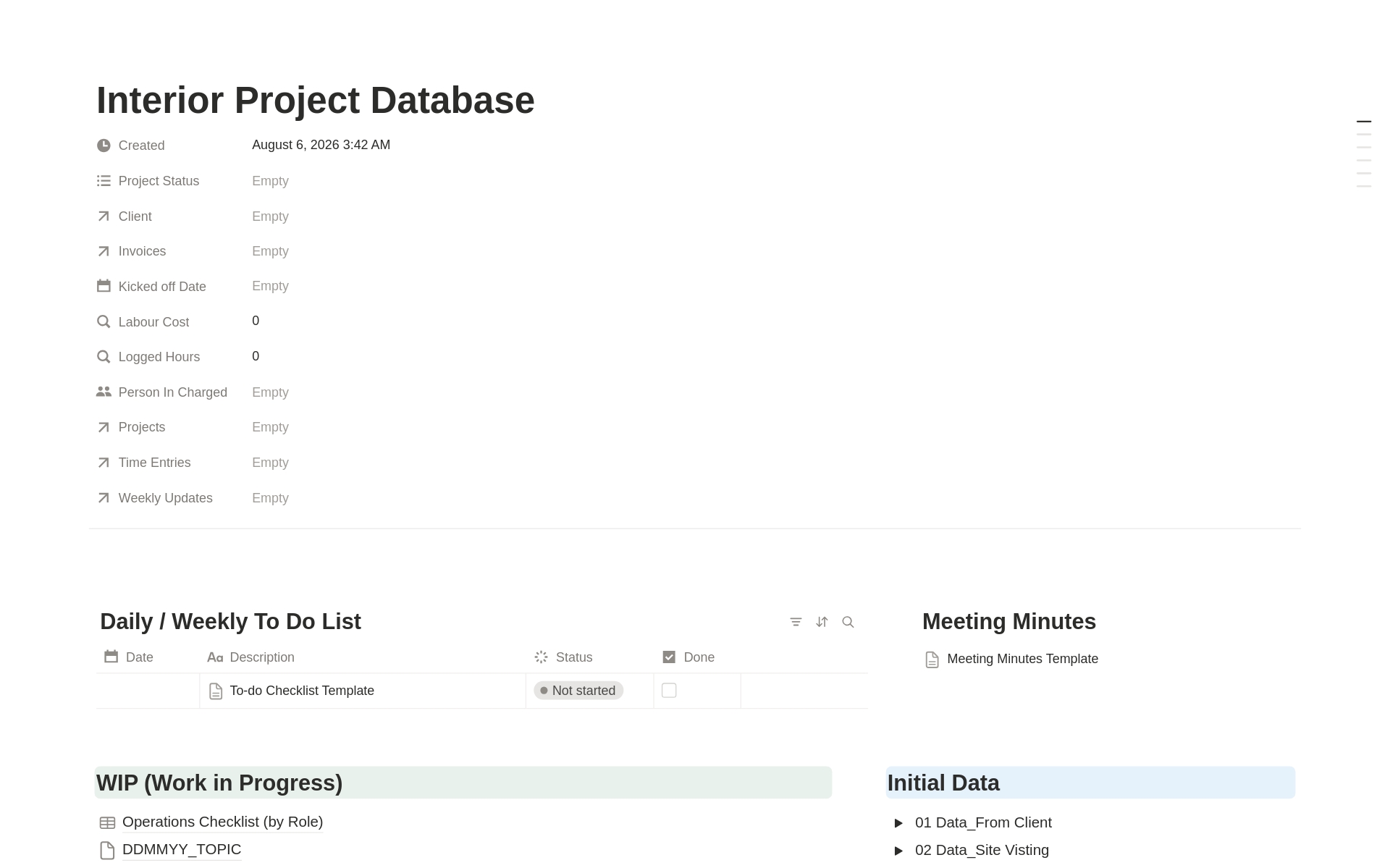 Interior project database in Notion